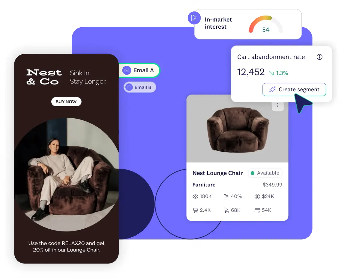 Phone showing a Nest & Co lounge-chair offer with cart-abandonment