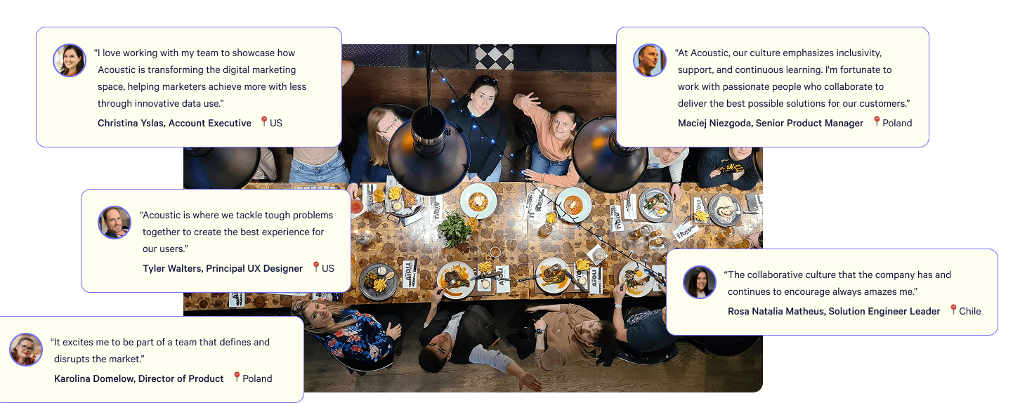 Acoustic team laughing together around a long dining table with employee reviews of the company overlaying the image