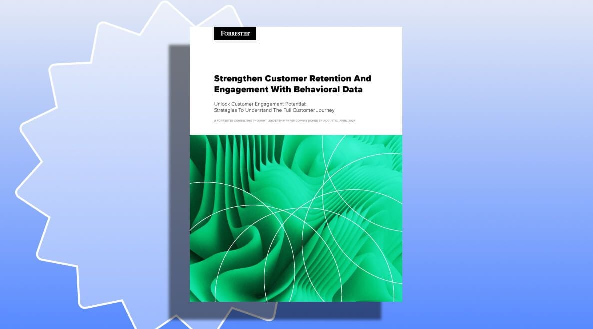 Report cover titled 'Strengthen Customer Retention and Engagement With Behavioral Data' on a blue gradient background with abstract green patterns.