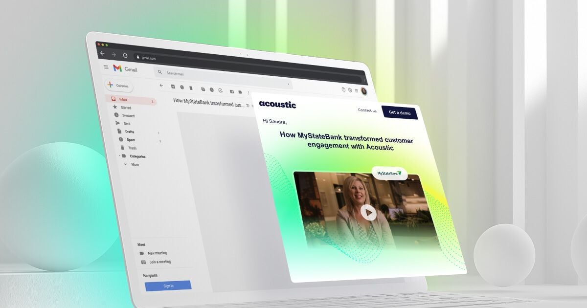 A laptop screen showing an email with the subject “How MyStateBank transformed customer engagement with Acoustic.” The email includes a video thumbnail featuring a smiling person, set against a minimalistic, modern background. The tone is professional and informative.