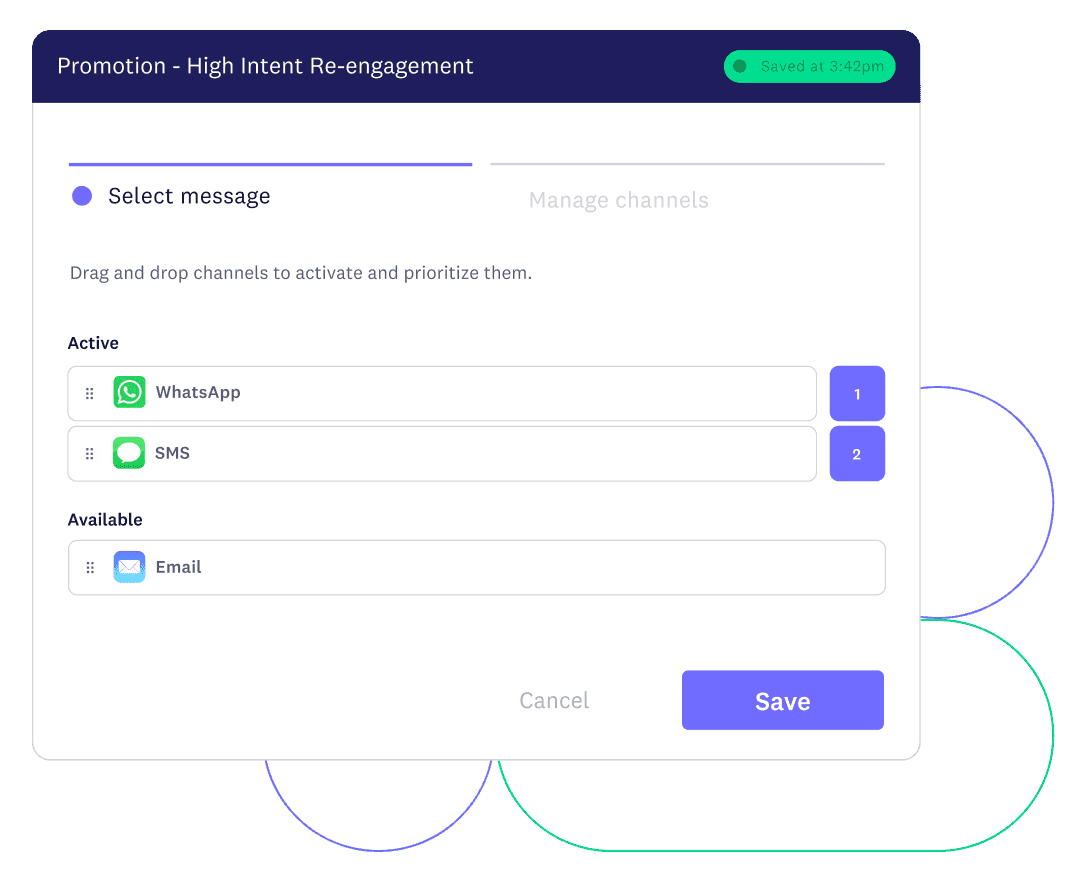 Message composer selecting WhatsApp, SMS, and email channels for a promotion