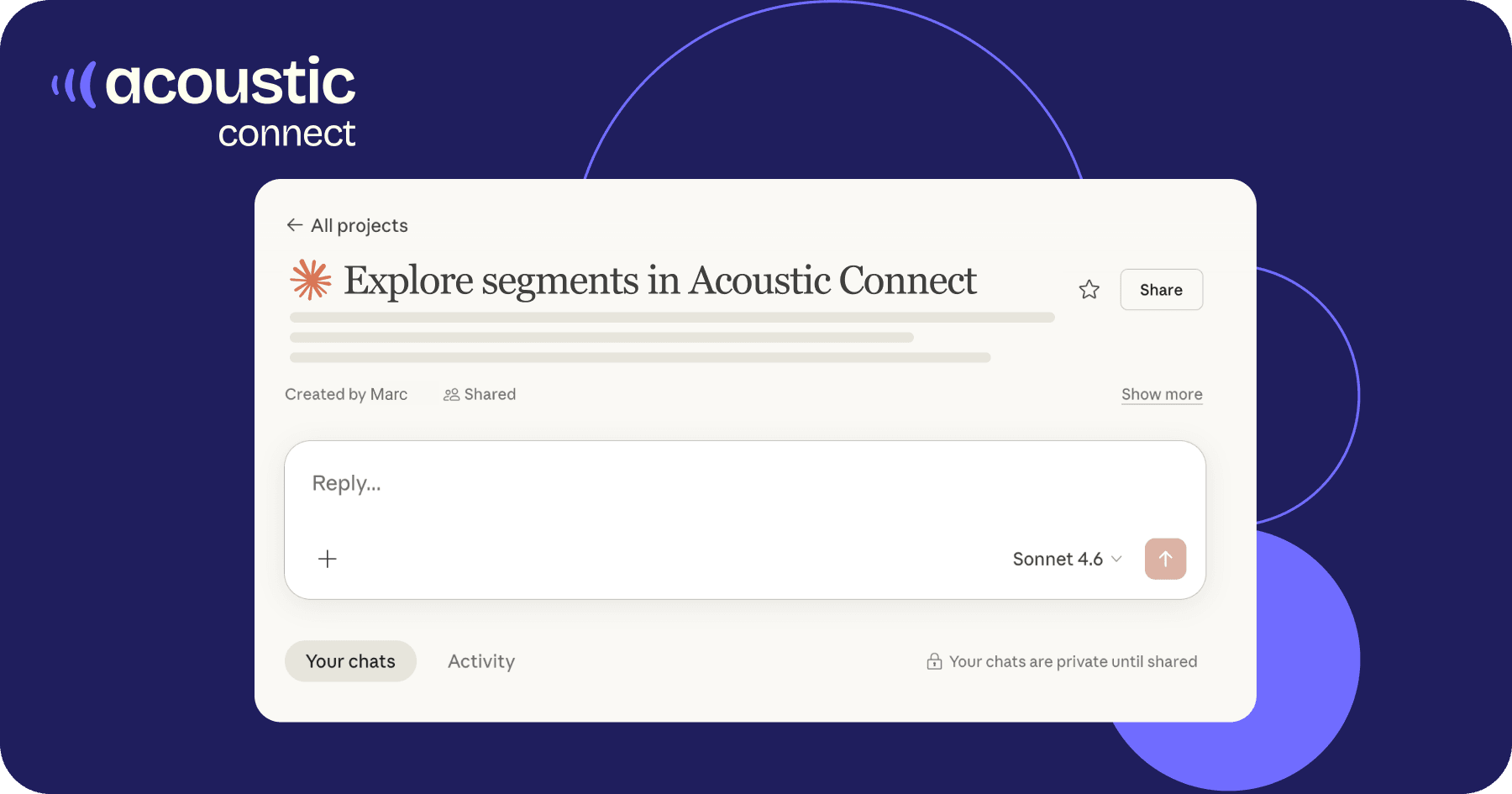 Interface of Acoustic Connect with an 'Explore segments' feature highlighted. The design is minimalistic against a dark blue background with circles.