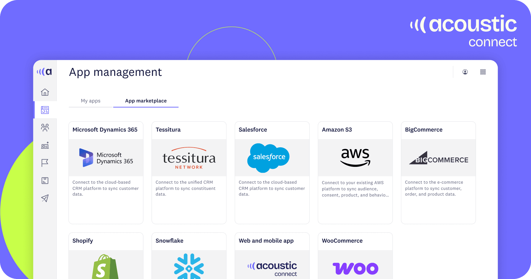 User interface for app management displaying various CRM and e-commerce apps like Microsoft Dynamics, Salesforce, and Shopify, each with logos.