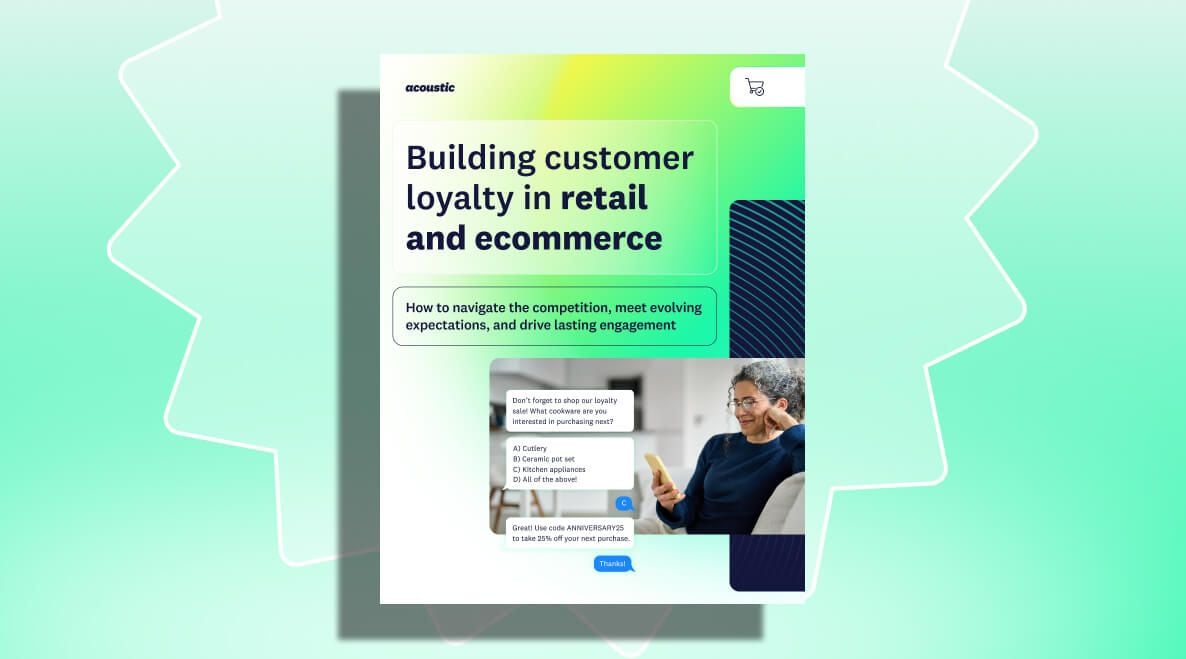 Ebook cover titled 'Building customer loyalty in retail and ecommerce' with a smiling person using a tablet. Gradient background, callout text about driving engagement.