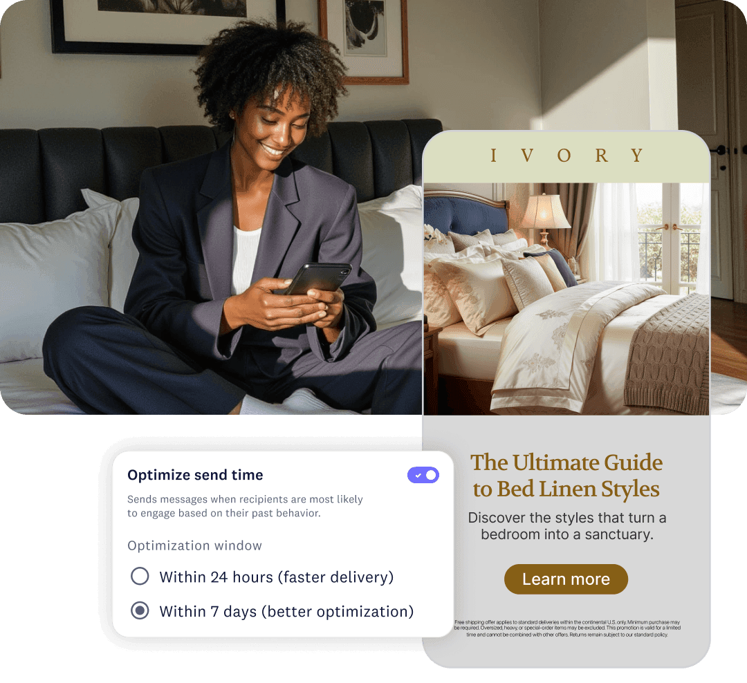 Woman on a bed beside 'The Ultimate Guide to Bed Linen Styles' email