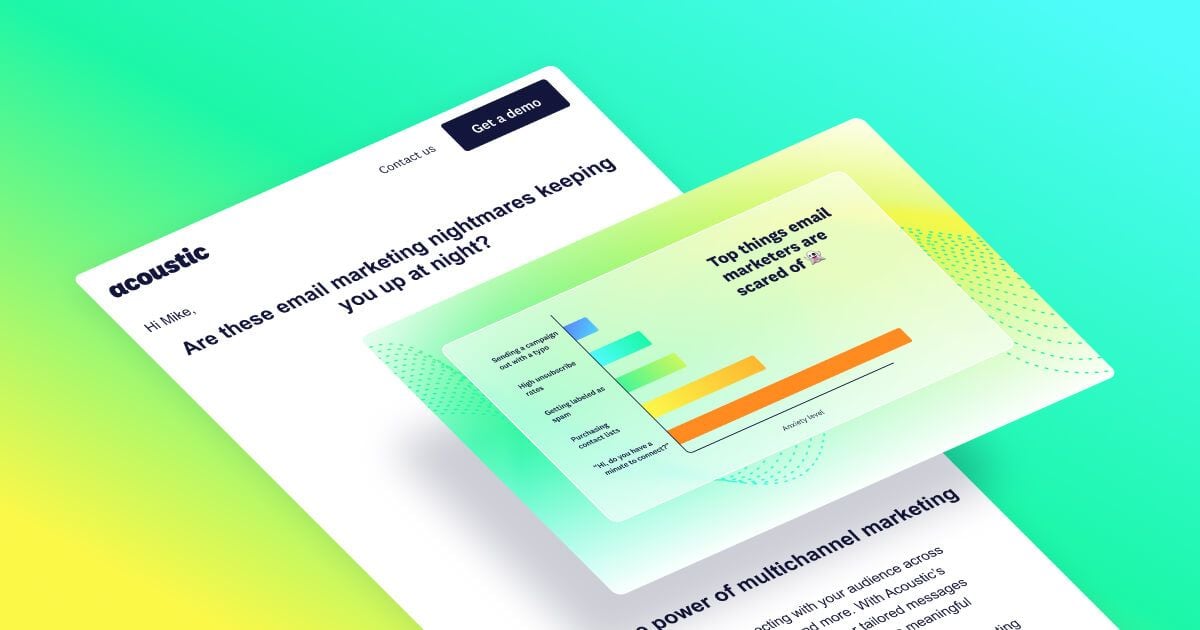 Marketing email on gradient background, featuring a bar chart titled "Top things email marketers are scared of," with vibrant colors and a modern design.