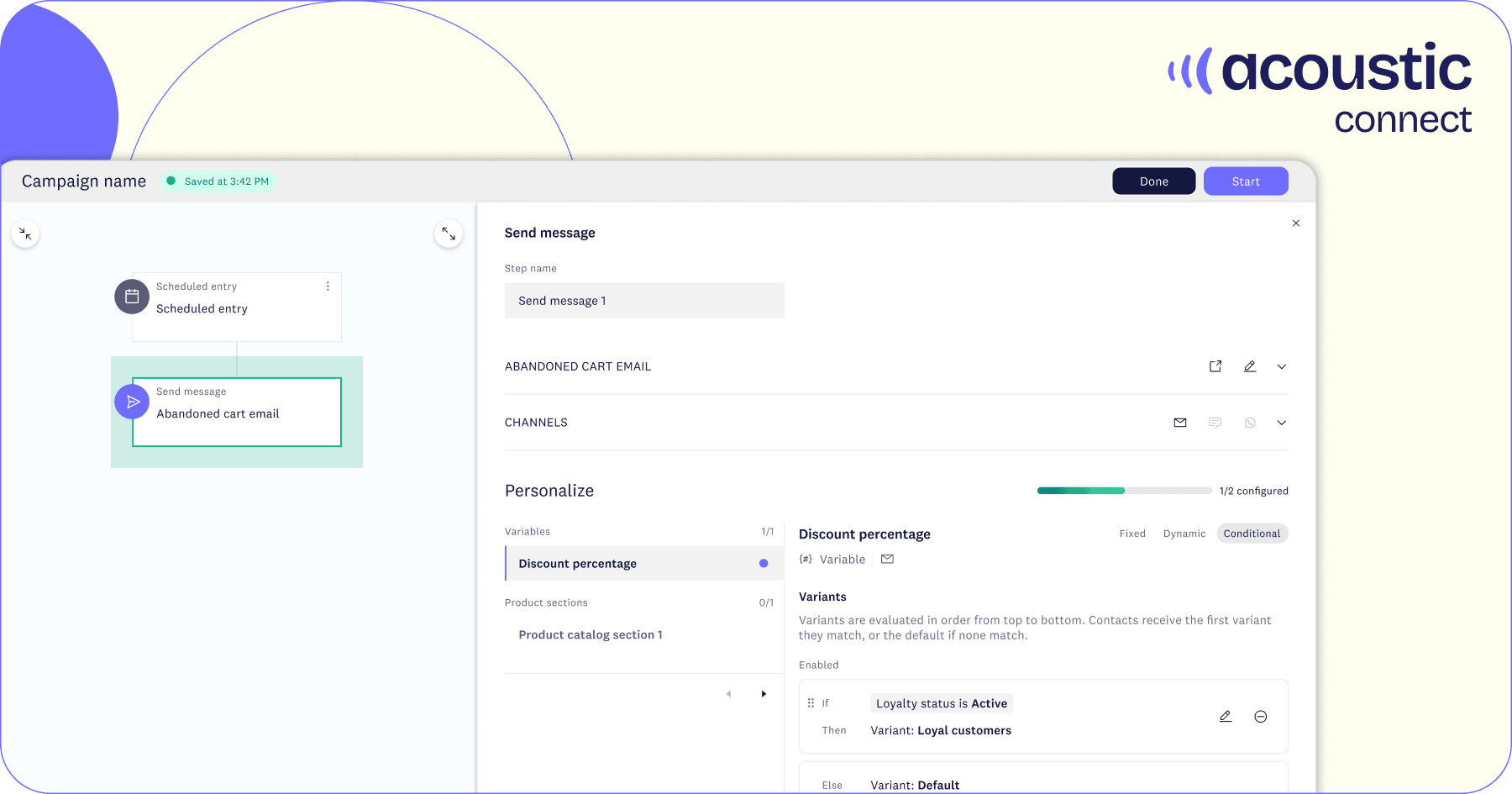 Screenshot of an Acoustic Connect interface showing an abandoned cart email setup. Includes scheduling options and personalization settings.