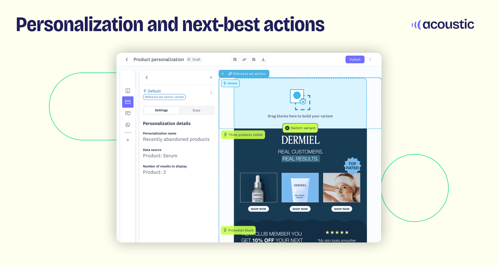 Acoustic UI showing how to personalize emails for desired outcomes - Acoustic