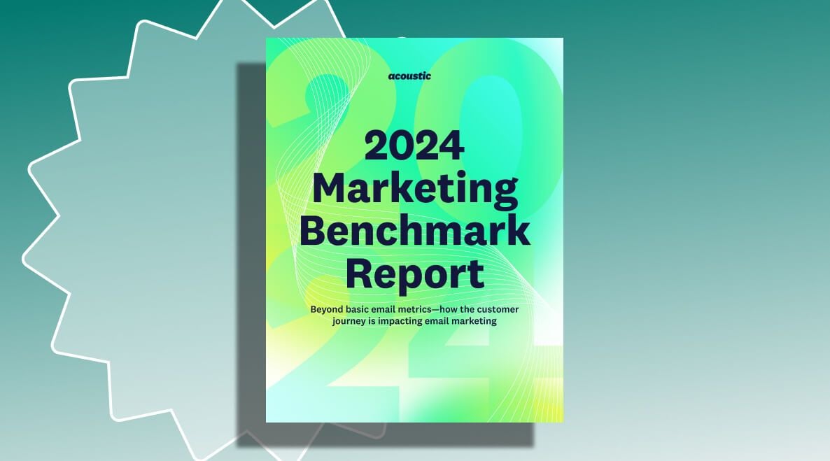 Cover of the "2024 Marketing Benchmark Report" with a gradient background and large, faint numbers. The tone is professional and modern.
