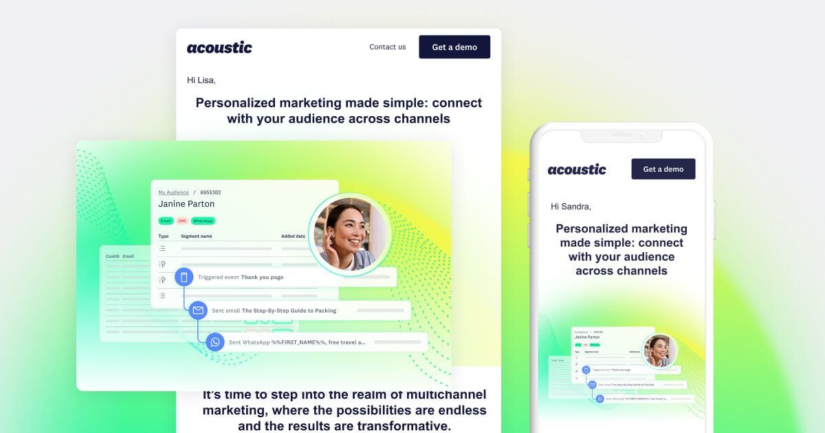 A digital marketing interface featuring personalized messaging. Includes user profile with a smiling woman, message templates, and options. Branded as Acoustic.